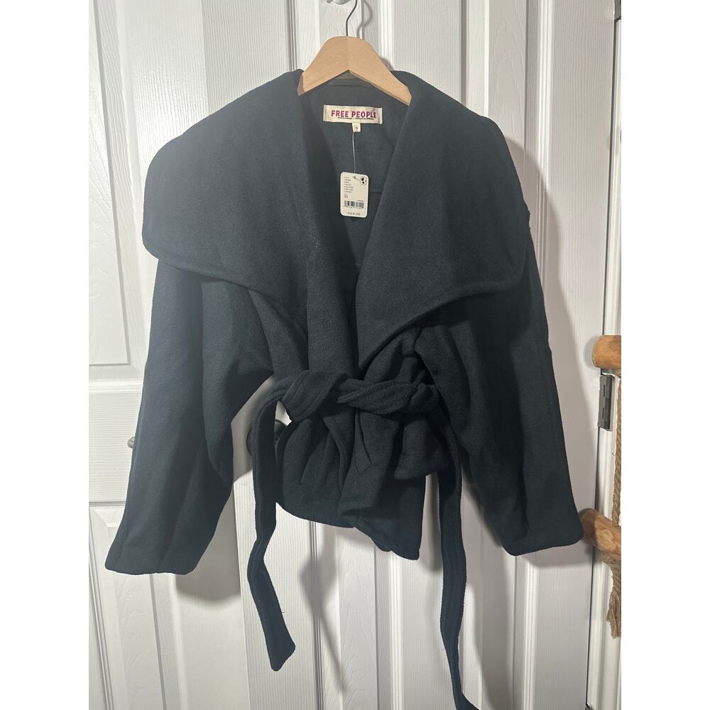 Free People Black Wrap Belted Wool-Blend Coat - Picture 6 of 9